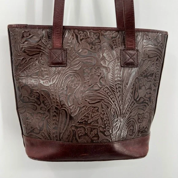 Ellington Tooled Leather Shoulder Bag Brown Floral Double Strap Western Cowgirl - Picture 2 of 8